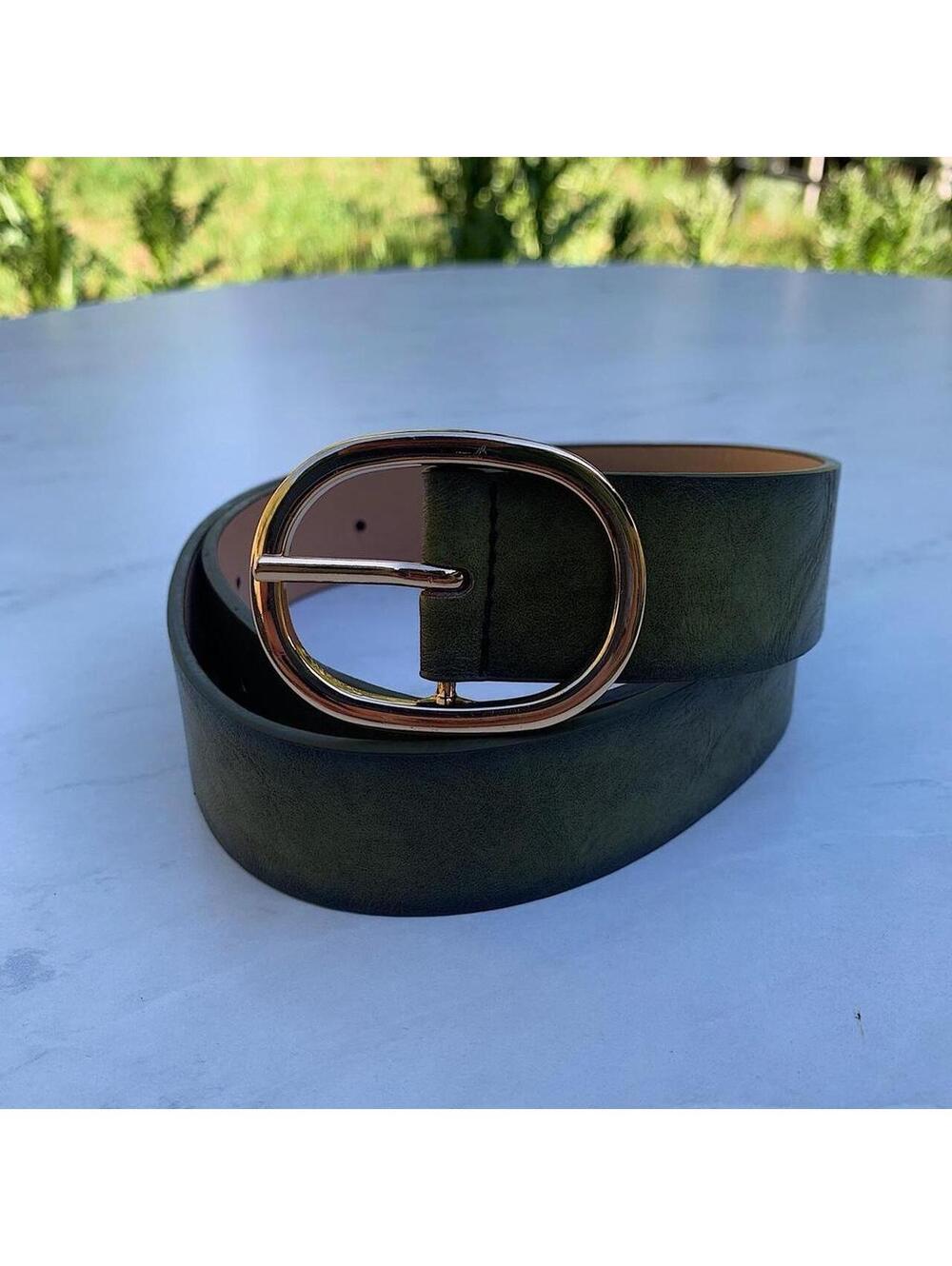 Faded Green leather belt with Gold oval belt buckle. Very cool unique belt. Y2k